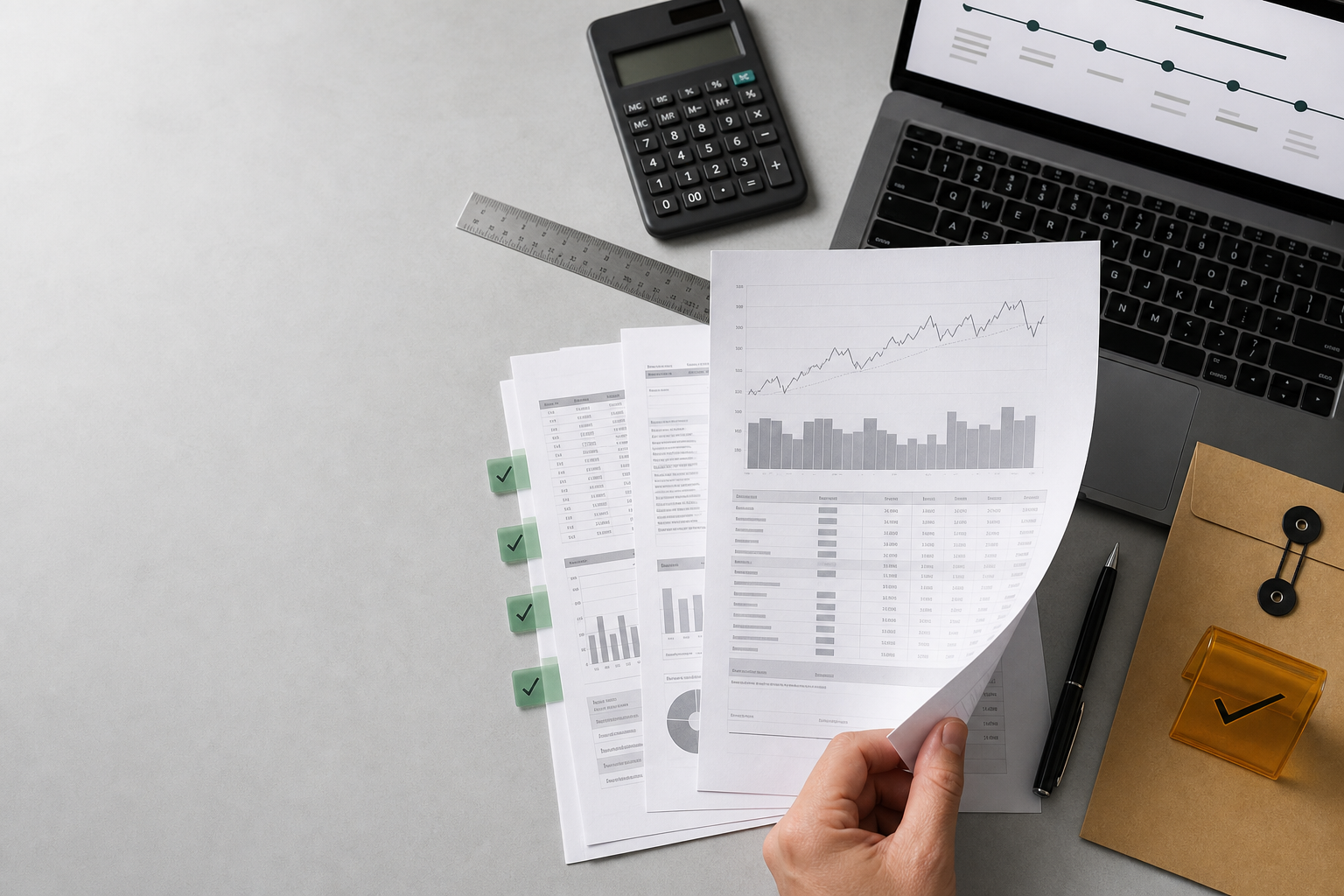 Illustrative overhead audit desk with anonymous statements, calculator, and review markers